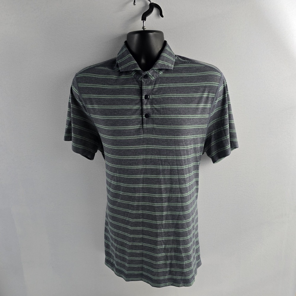 Lululemon Polo Shirt Men's‎ L/M Gray Green Stripe Short Sleeve Performance golf